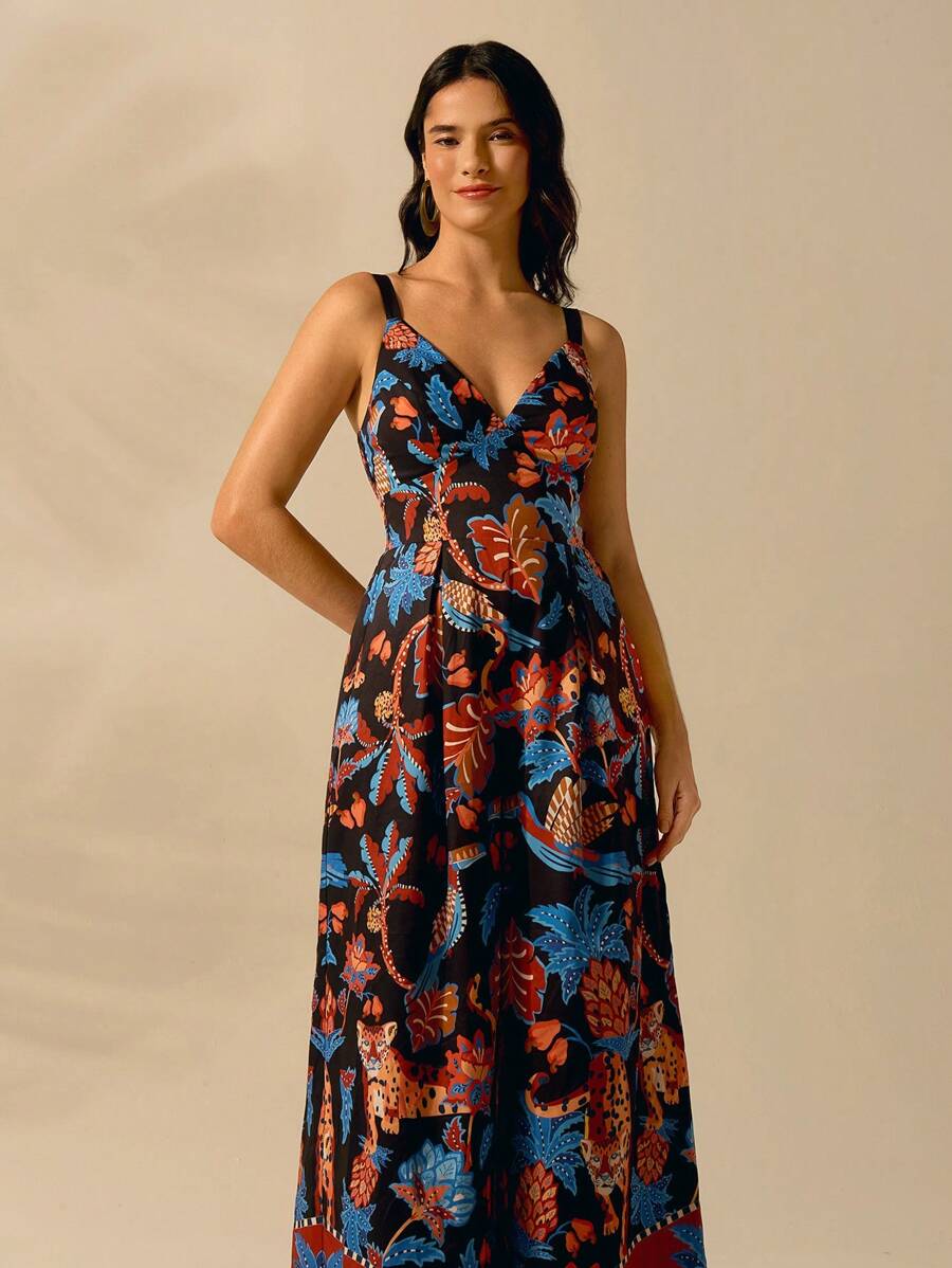 Mono Largo Negro Boho con Estampa Leopardo & Flora Tropical