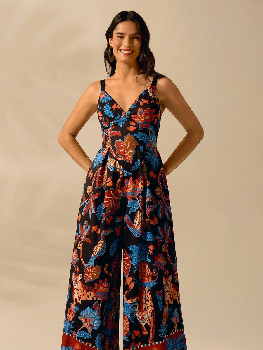 Mono Largo Negro Boho con Estampa Leopardo & Flora Tropical