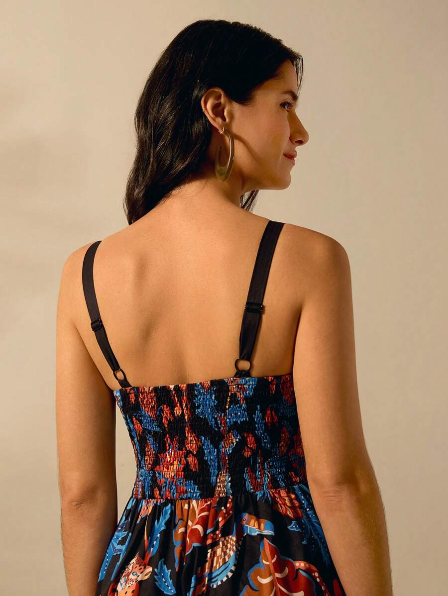 Mono Largo Negro Boho con Estampa Leopardo & Flora Tropical