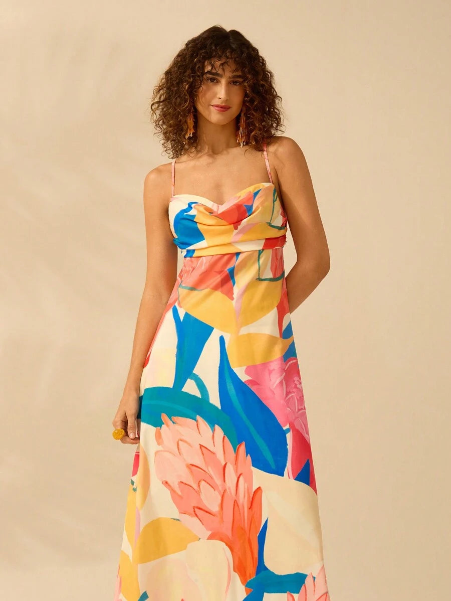 Vestido Largo Boho Plantas Coloridas con Lazo Espalda