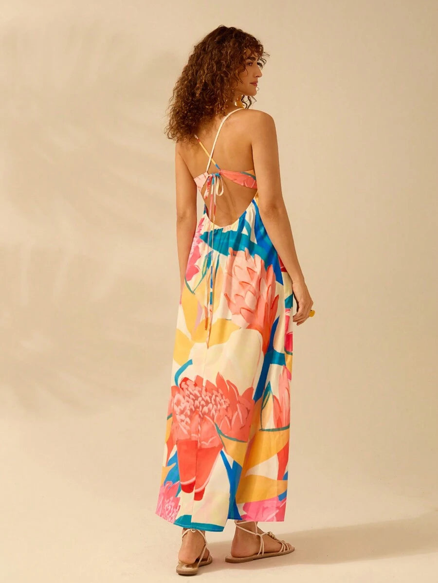 Vestido Largo Boho Plantas Coloridas con Lazo Espalda