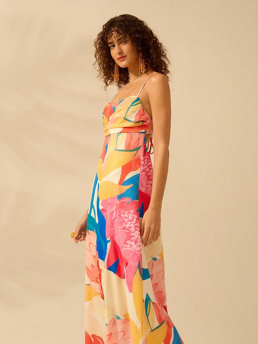 Vestido Largo Boho Plantas Coloridas con Lazo Espalda