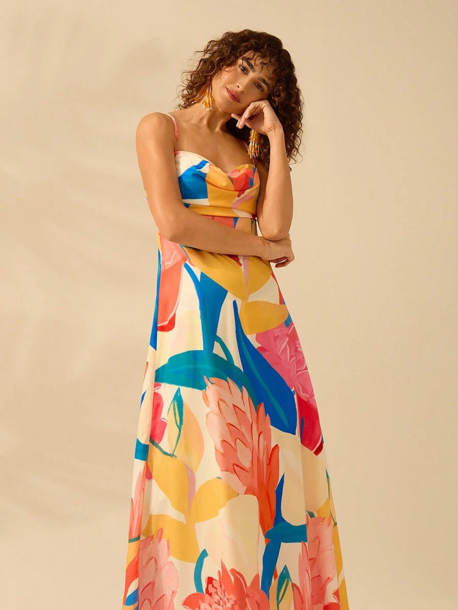 Vestido Largo Boho Plantas Coloridas con Lazo Espalda