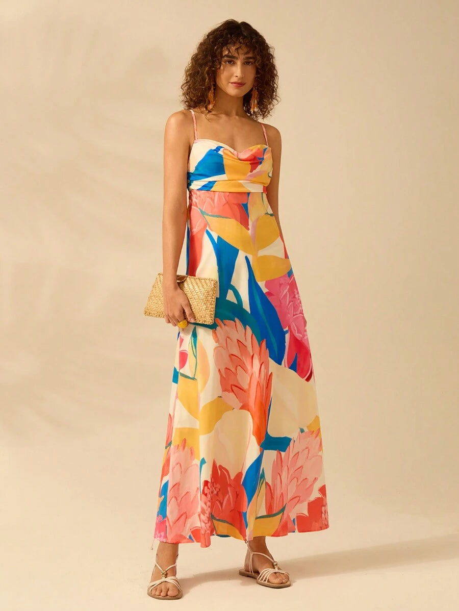 Vestido Largo Boho Plantas Coloridas con Lazo Espalda