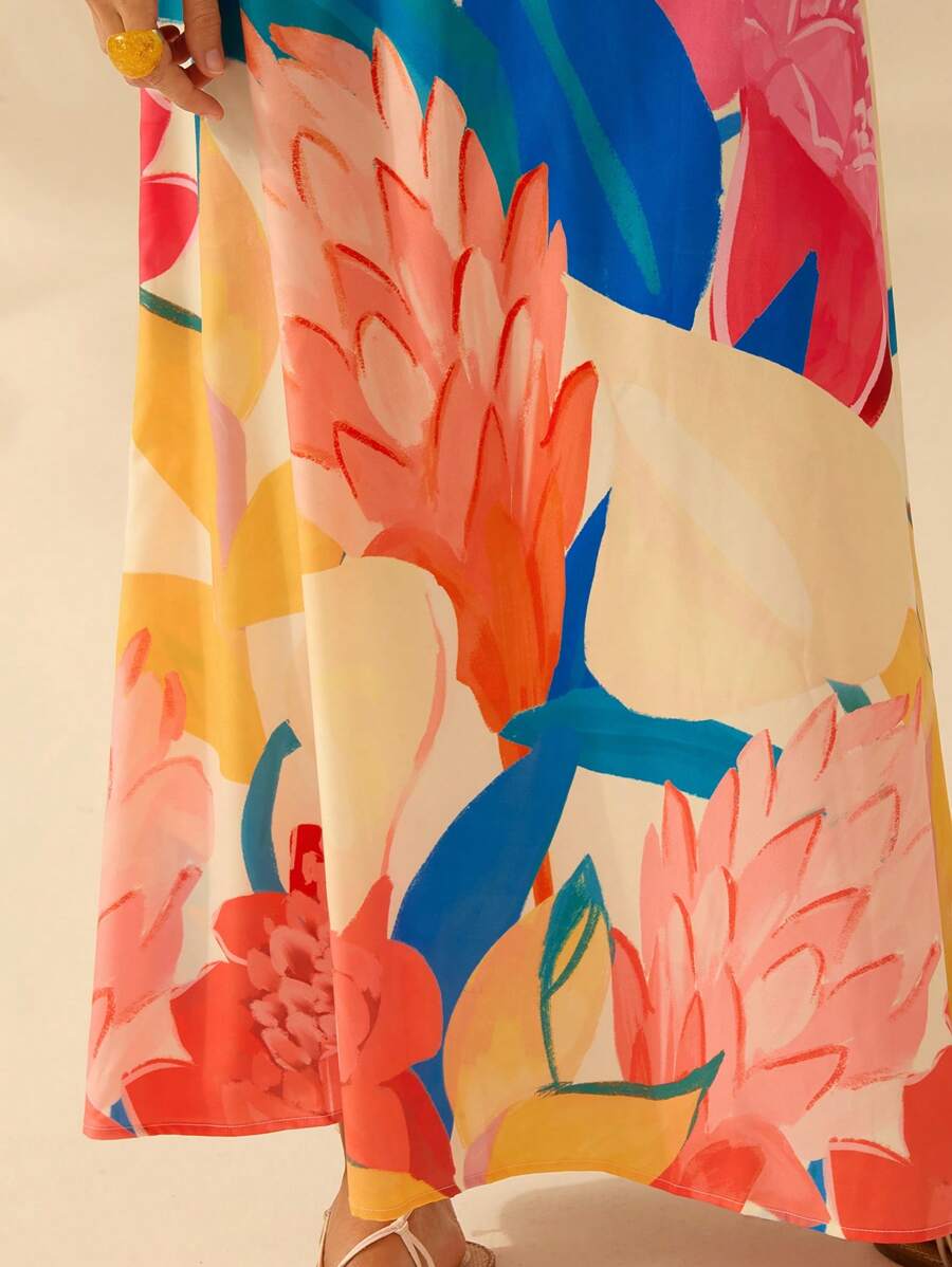 Vestido Largo Boho Plantas Coloridas con Lazo Espalda