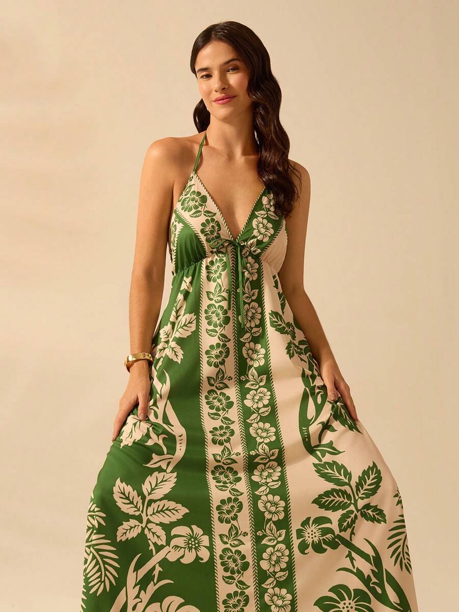 Vestido Largo Halter Azul Tropical con Loro y Lazo