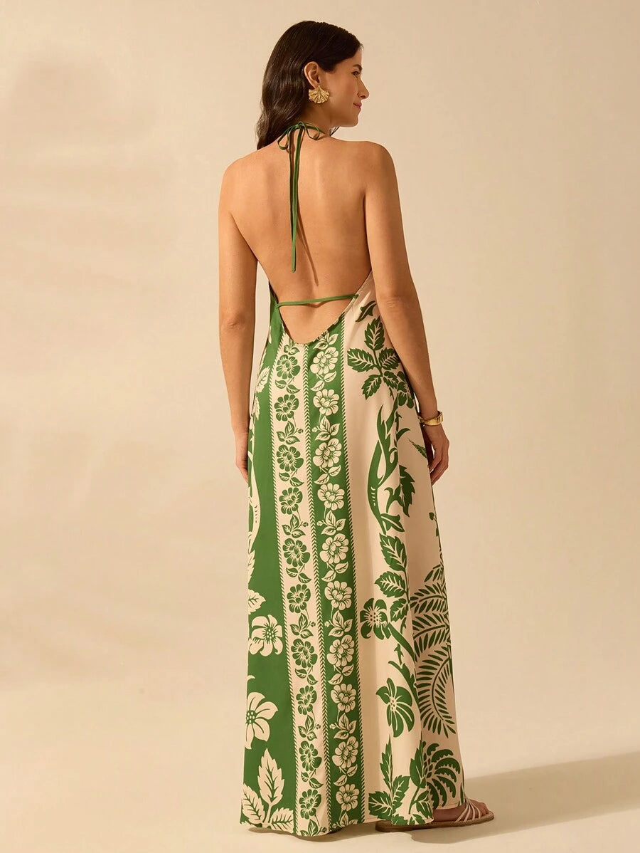 Vestido Largo Halter Azul Tropical con Loro y Lazo