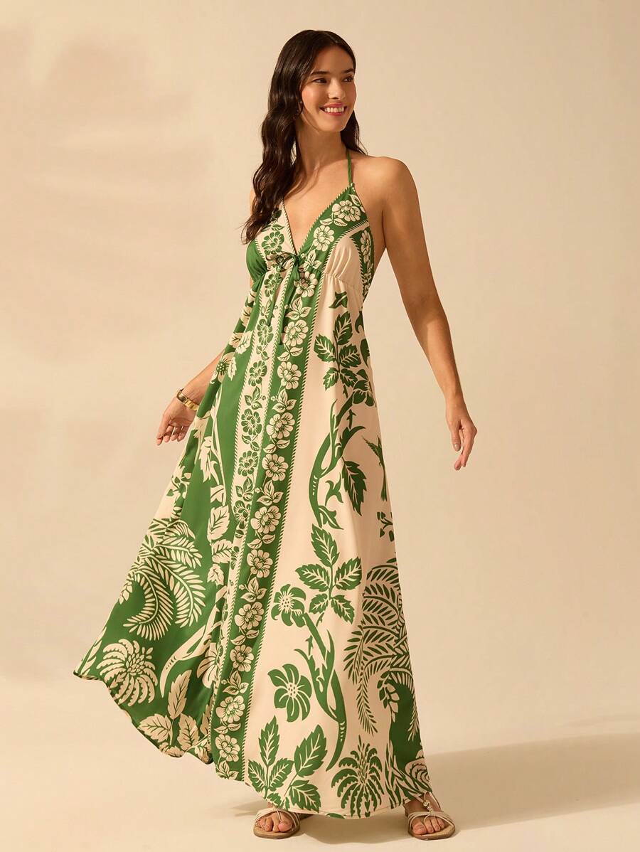 Vestido Largo Halter Azul Tropical con Loro y Lazo
