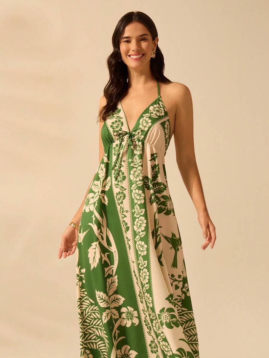 Vestido Largo Halter Azul Tropical con Loro y Lazo
