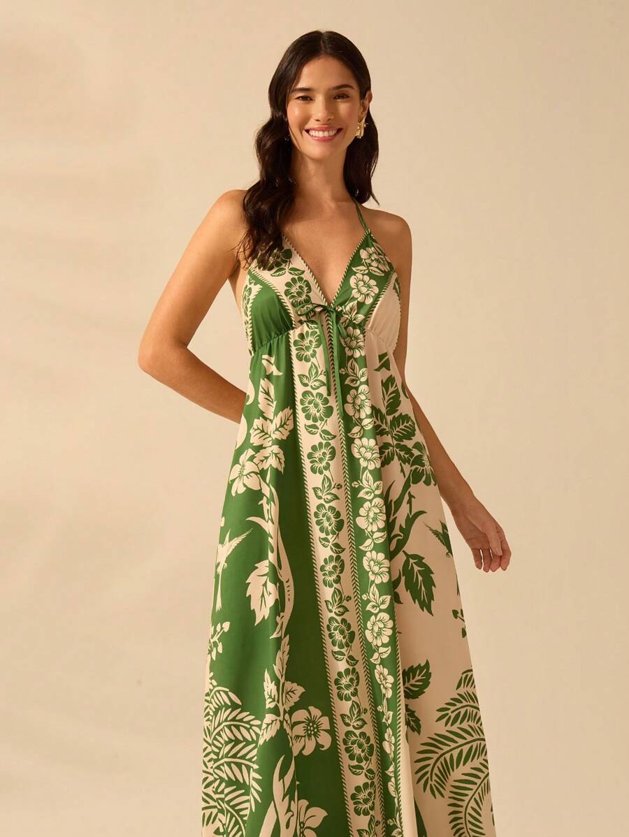 Vestido Largo Halter Azul Tropical con Loro y Lazo