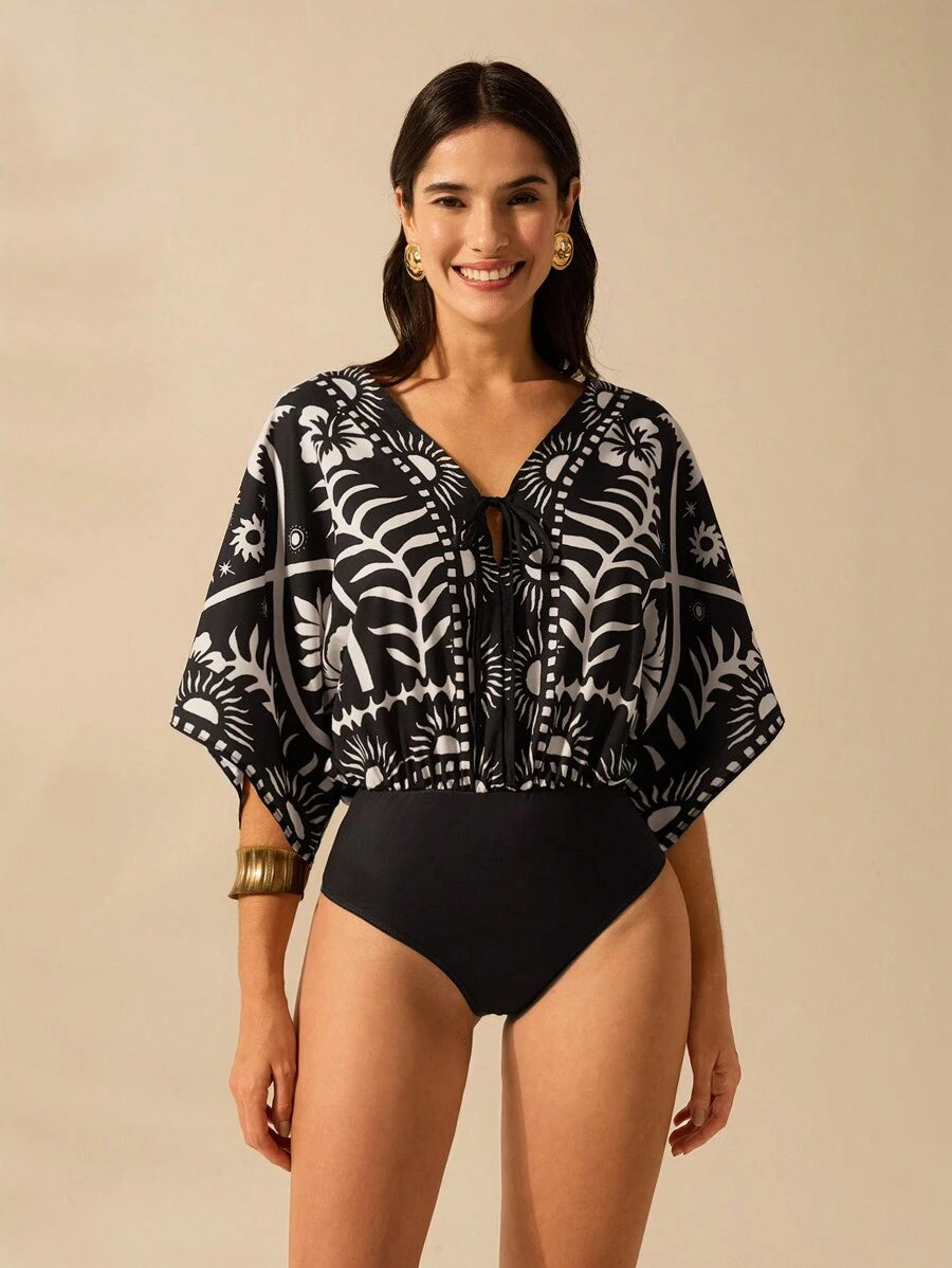Body Verde Tropical con Mangas Anudadas & Escote V