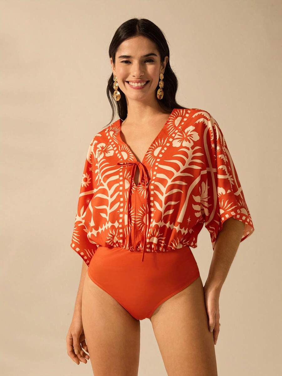 Body Verde Tropical con Mangas Anudadas & Escote V
