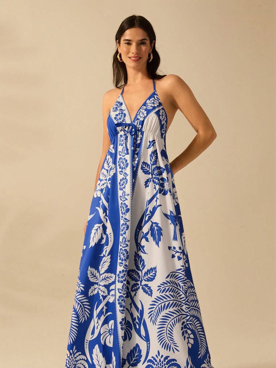 Vestido Largo Halter Azul Tropical con Loro y Lazo
