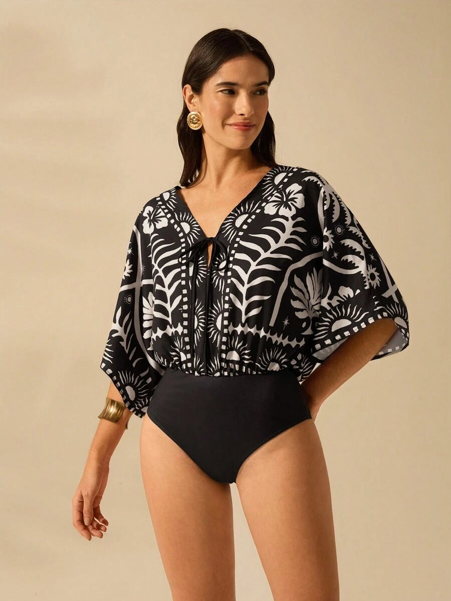 Body Verde Tropical con Mangas Anudadas & Escote V