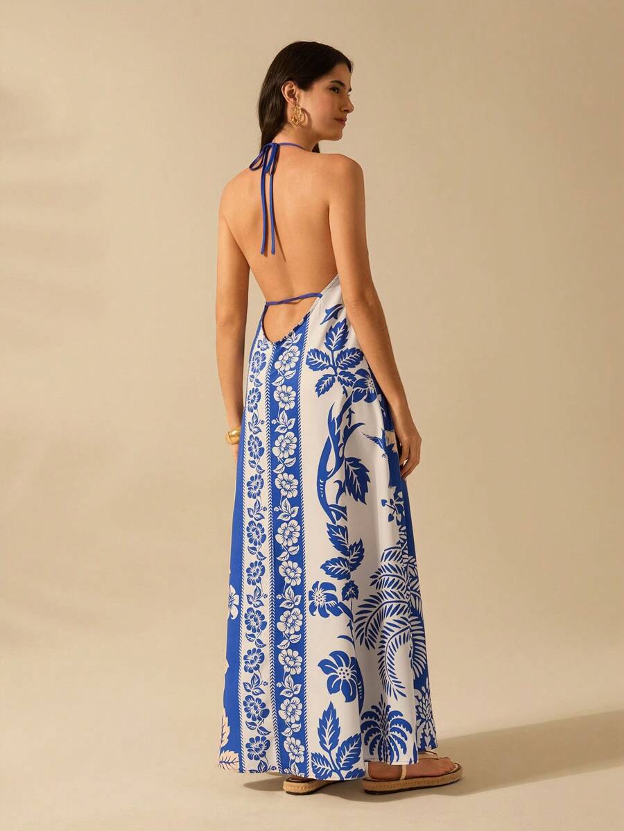 Vestido Largo Halter Azul Tropical con Loro y Lazo