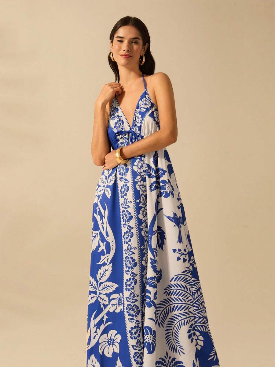 Vestido Largo Halter Azul Tropical con Loro y Lazo
