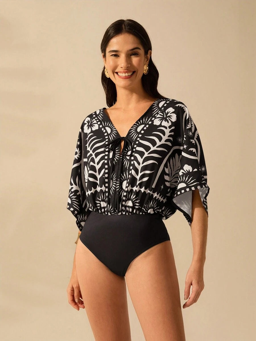 Body Verde Tropical con Mangas Anudadas & Escote V