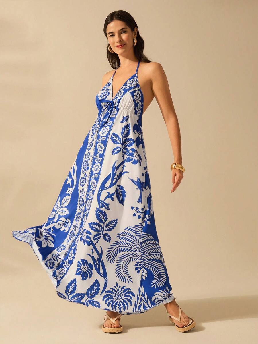 Vestido Largo Halter Azul Tropical con Loro y Lazo