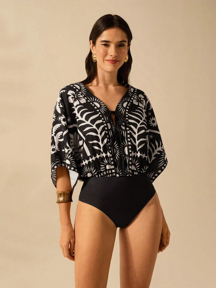 Body Verde Tropical con Mangas Anudadas & Escote V