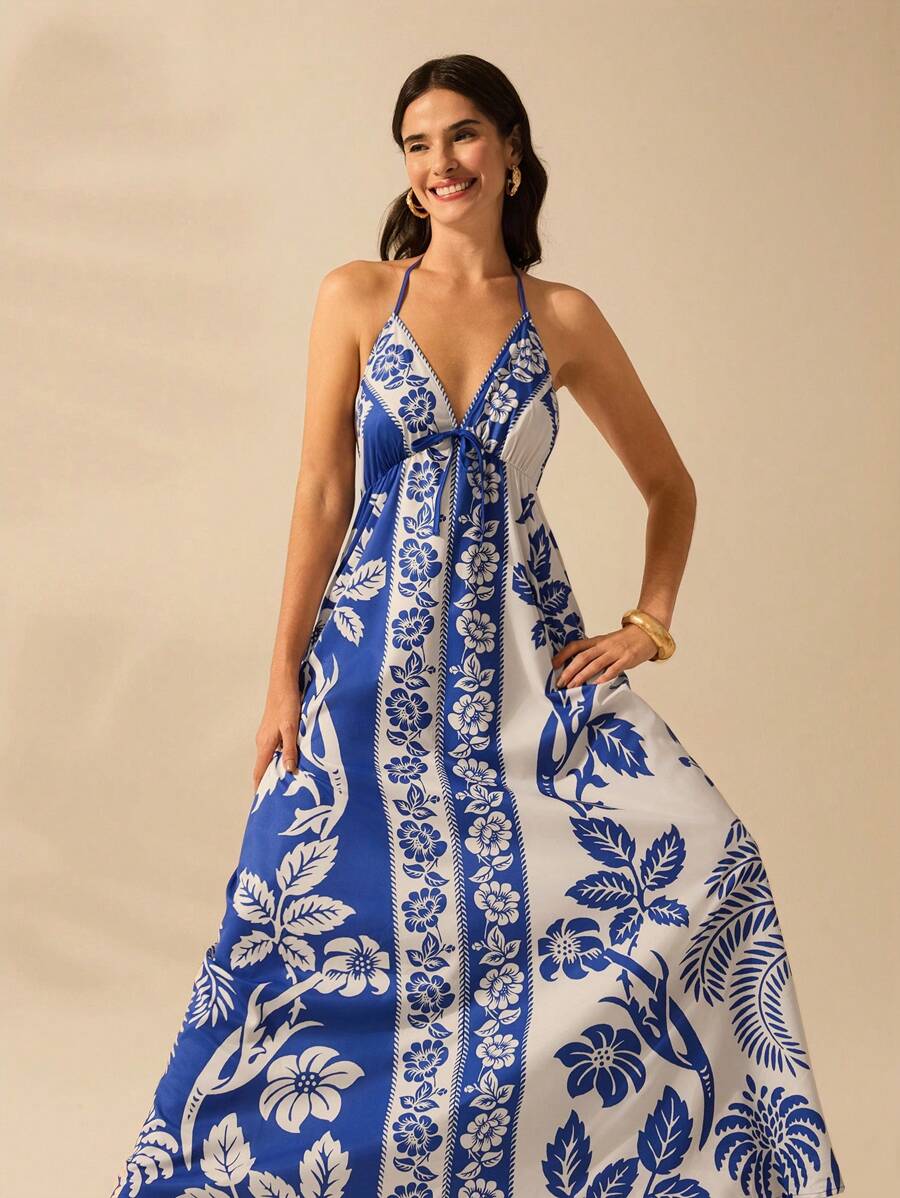 Vestido Largo Halter Azul Tropical con Loro y Lazo