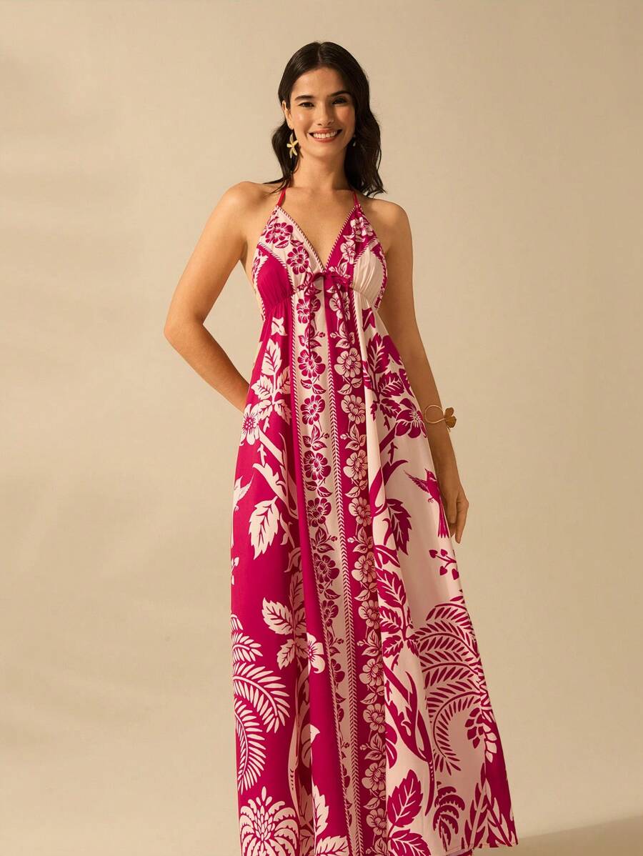 Vestido Largo Halter Azul Tropical con Lazo y Estampa de Loro