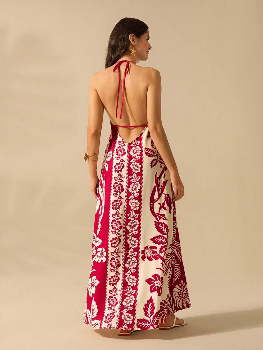 Vestido Largo Halter Azul Tropical con Loro y Lazo