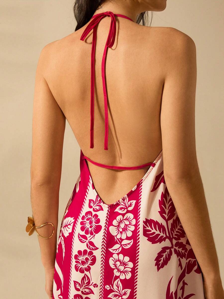 Vestido Largo Halter Azul Tropical con Loro y Lazo