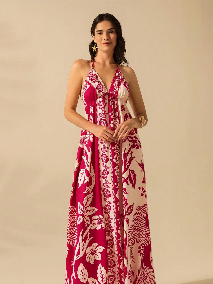 Vestido Largo Halter Azul Tropical con Loro y Lazo