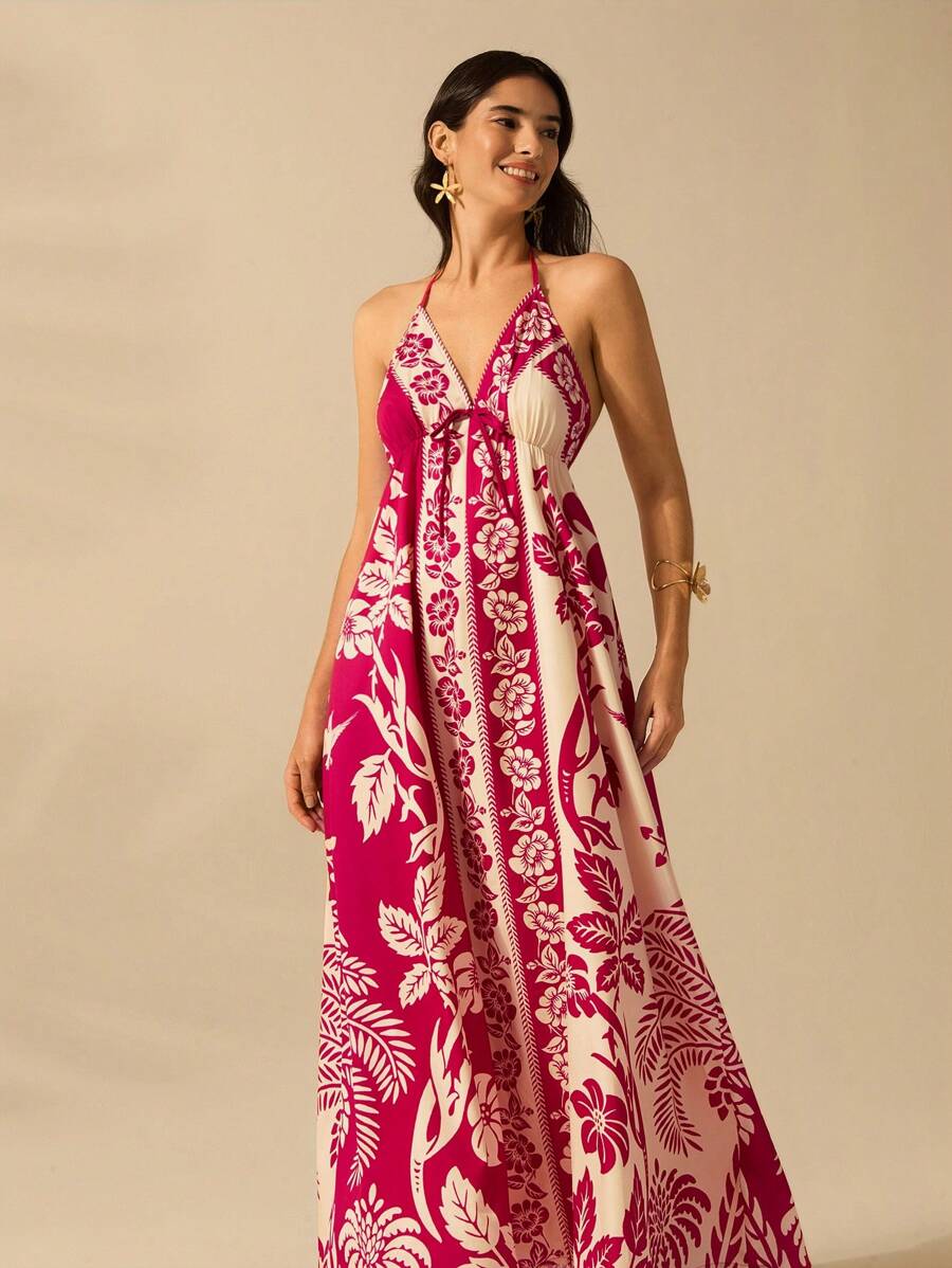Vestido Largo Halter Azul Tropical con Loro y Lazo