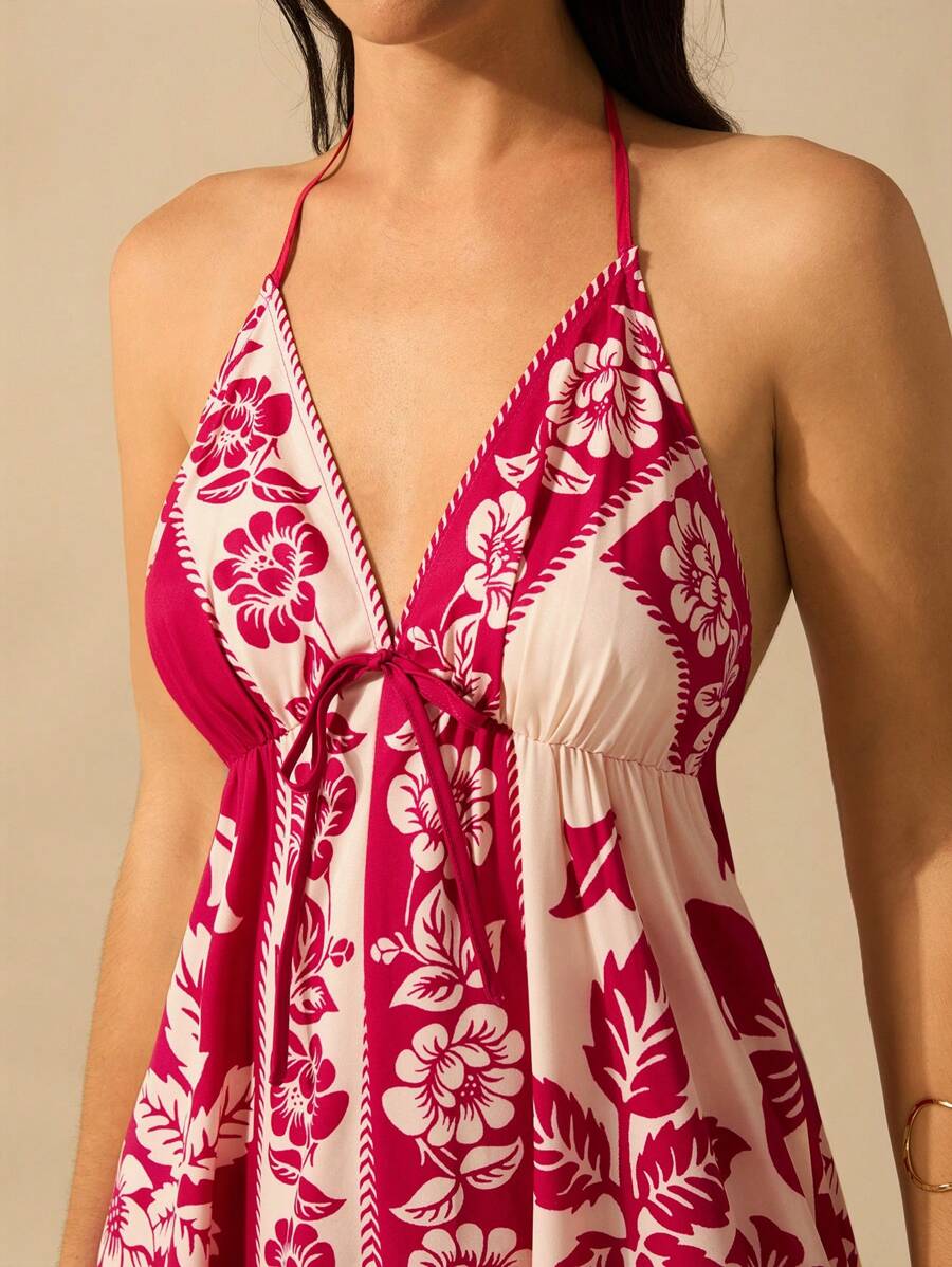 Vestido Largo Halter Azul Tropical con Loro y Lazo