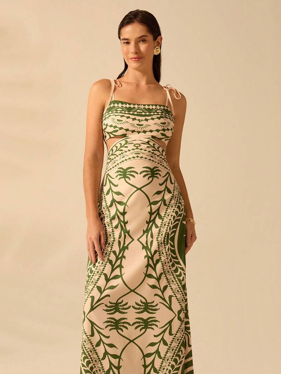 Vestido bohemio con palmeras y cintura abierta