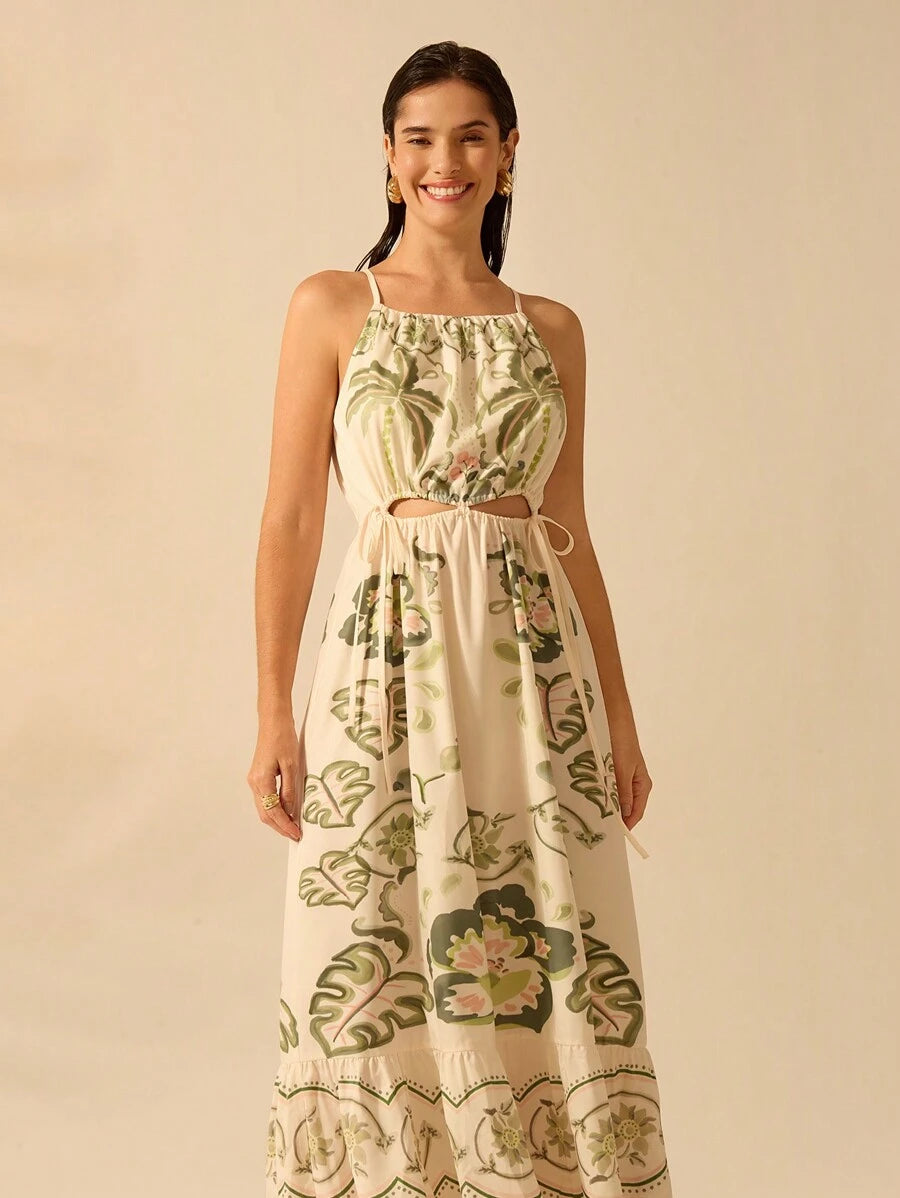 Vestido Corto Boho Hibisco, Coqueiro & Snake Plant