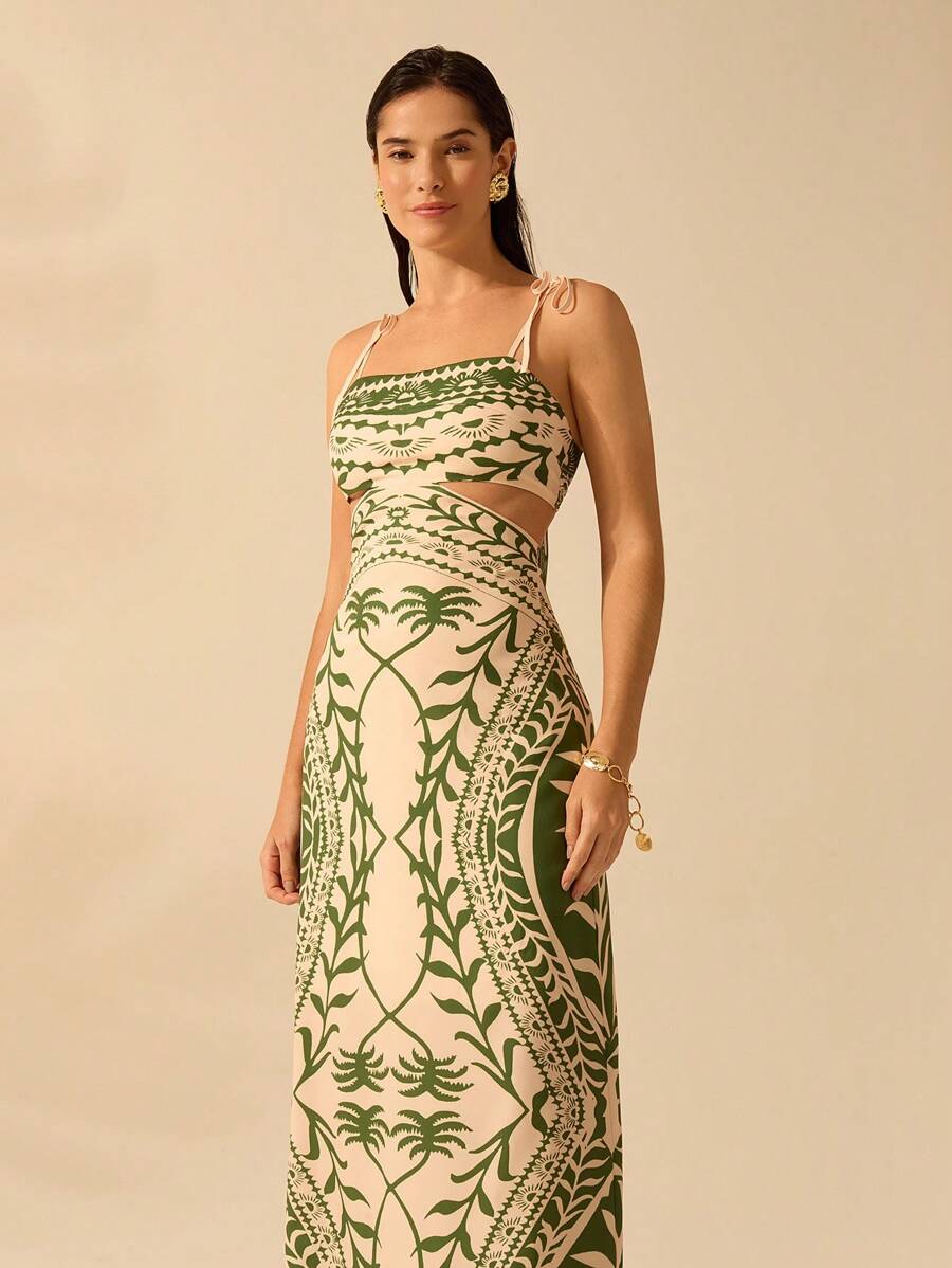 Vestido bohemio con palmeras y cintura abierta