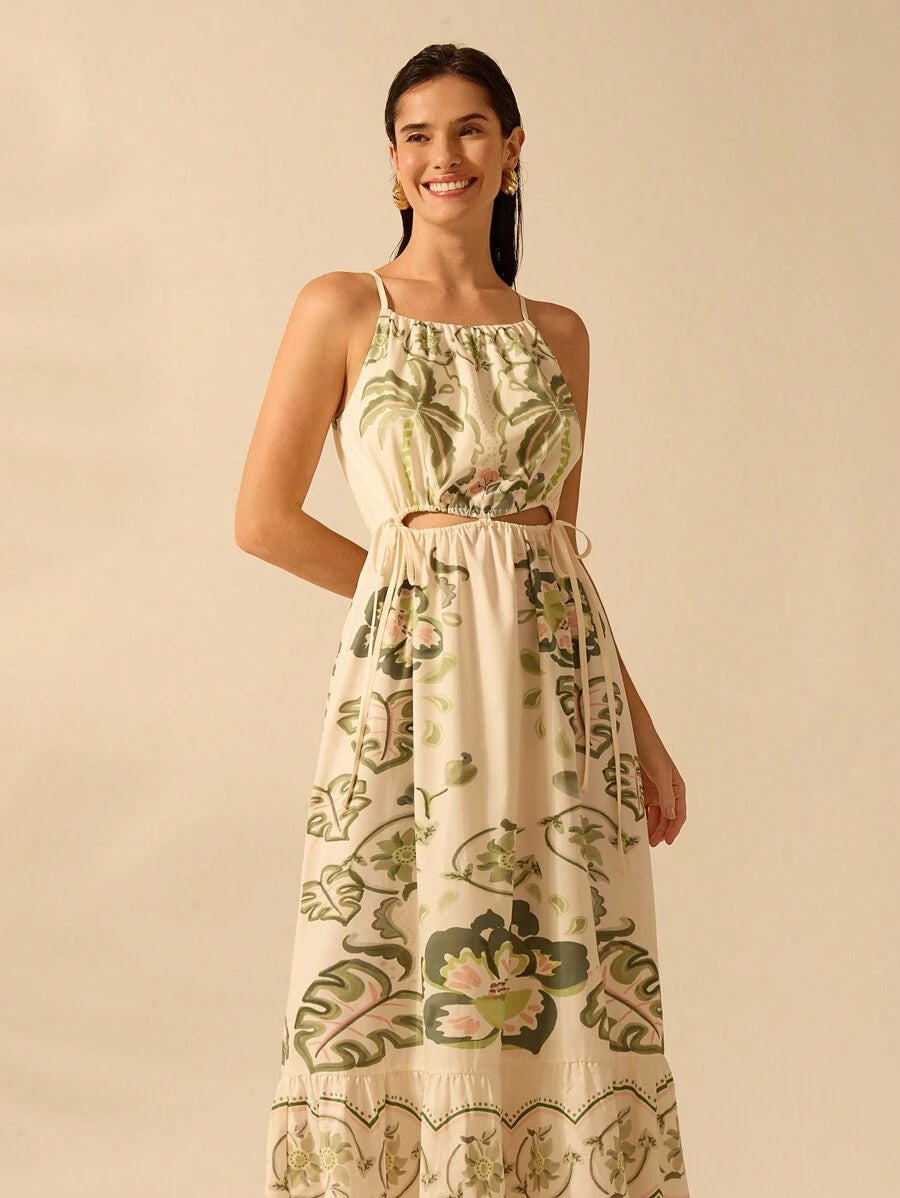 Vestido Corto Boho Hibisco, Coqueiro & Snake Plant