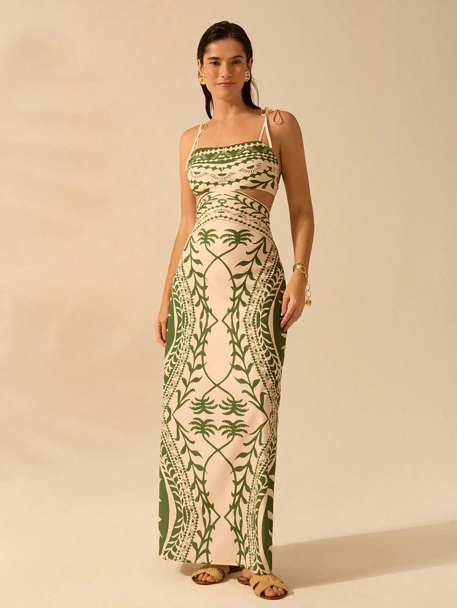 Vestido bohemio con palmeras y cintura abierta