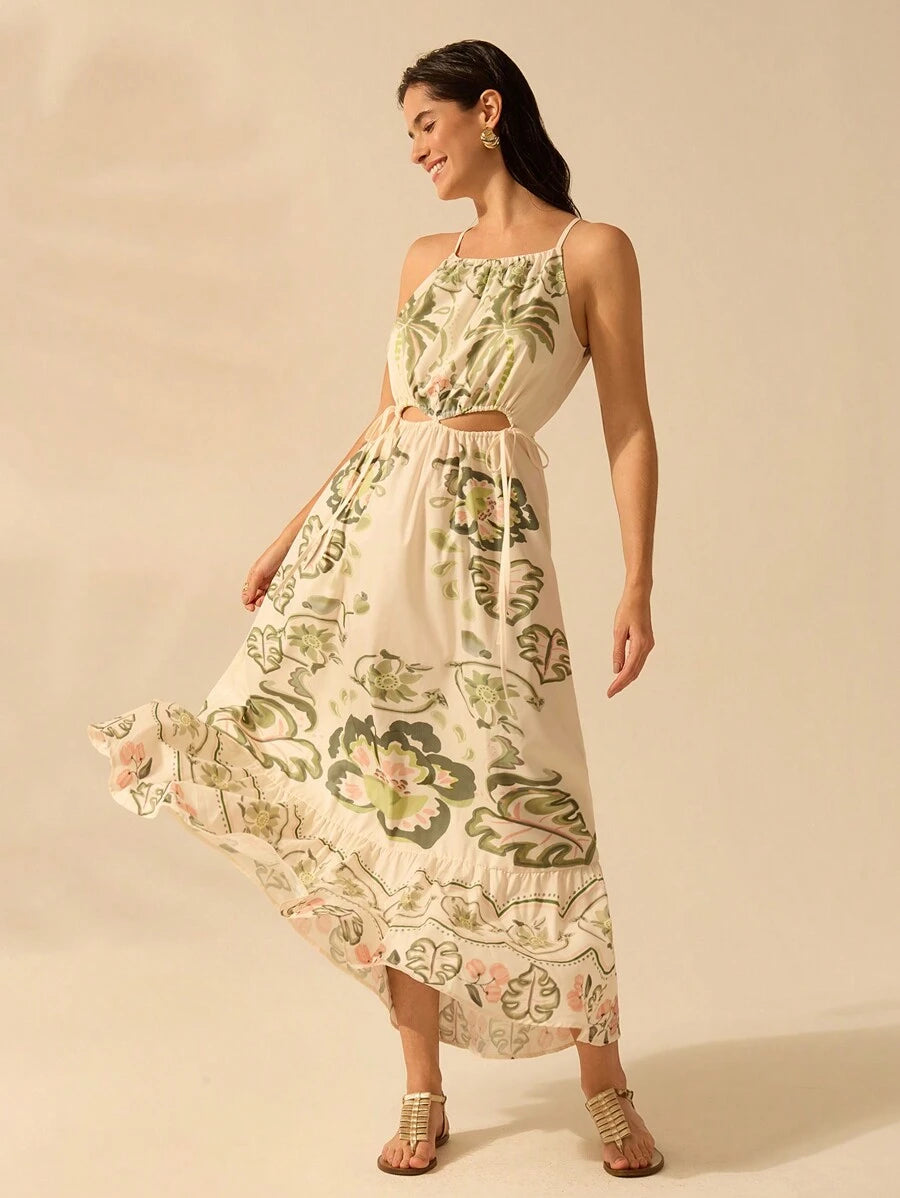 Vestido Corto Boho Hibisco, Coqueiro & Snake Plant