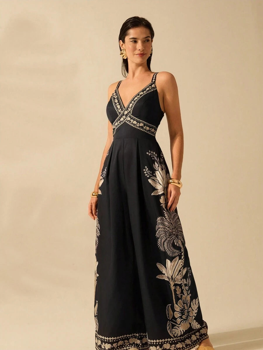 Mono Largo Negro Boho con Árbol de Banana y Coco Tropical
