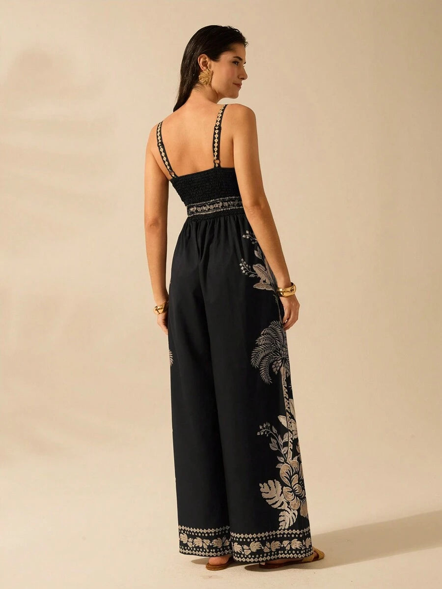 Mono Largo Negro Boho con Árbol de Banana y Coco Tropical