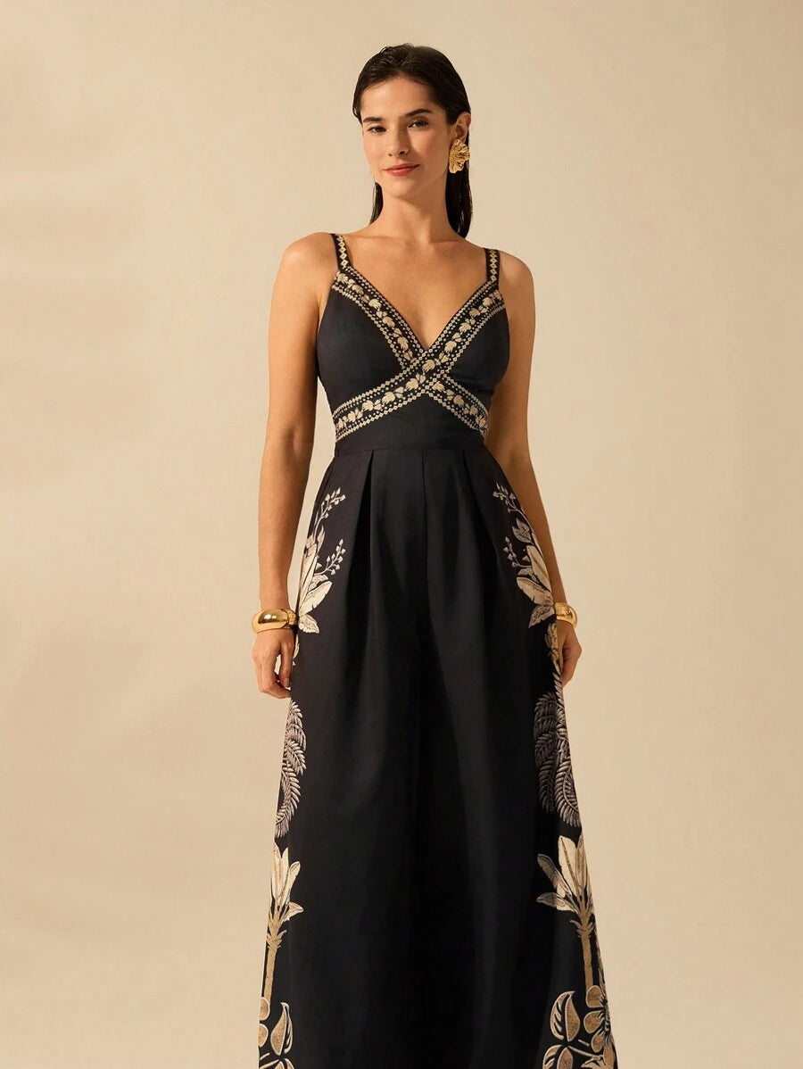 Mono Largo Negro Boho con Árbol de Banana y Coco Tropical