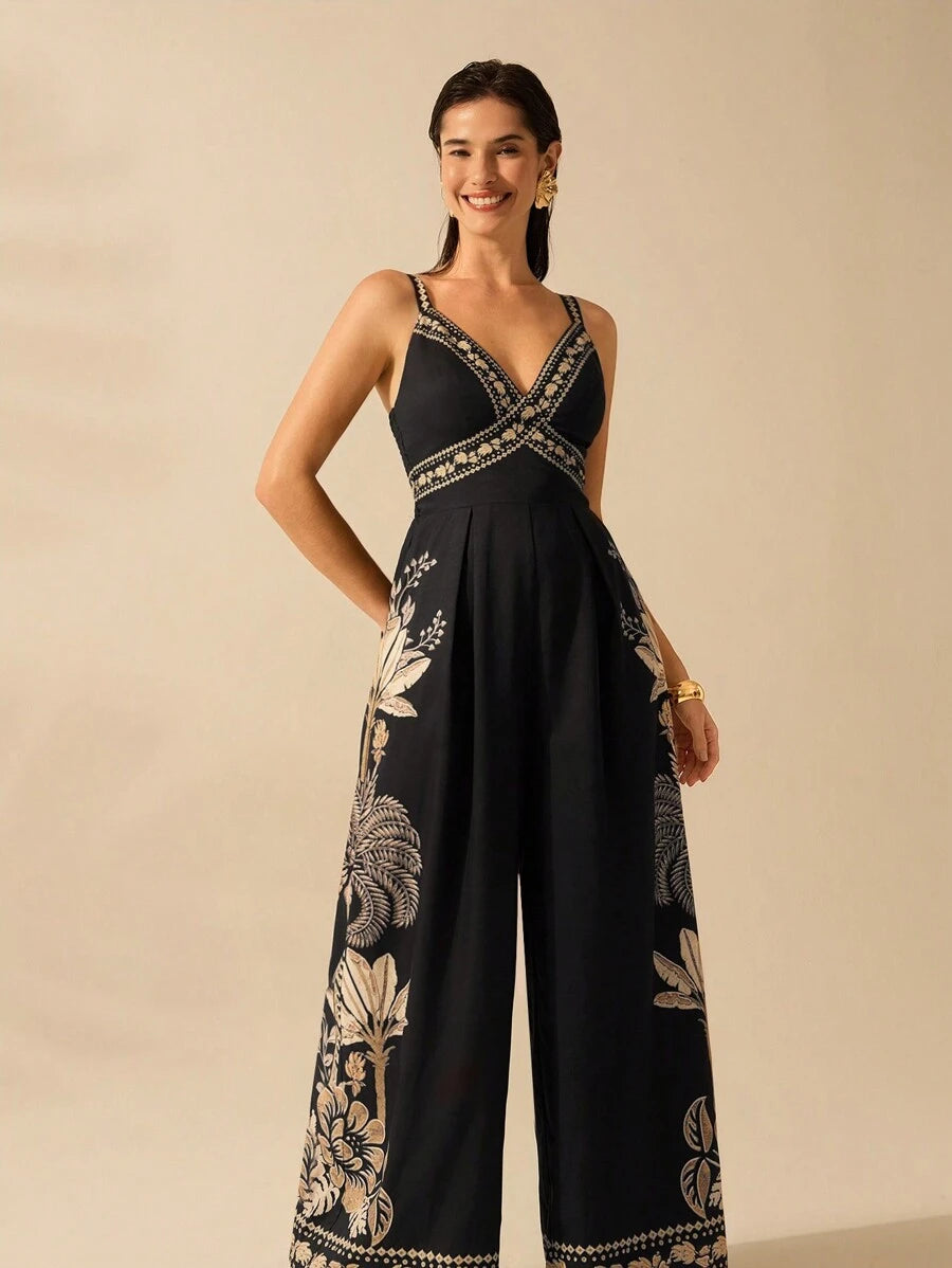 Mono Largo Negro Boho con Árbol de Banana y Coco Tropical
