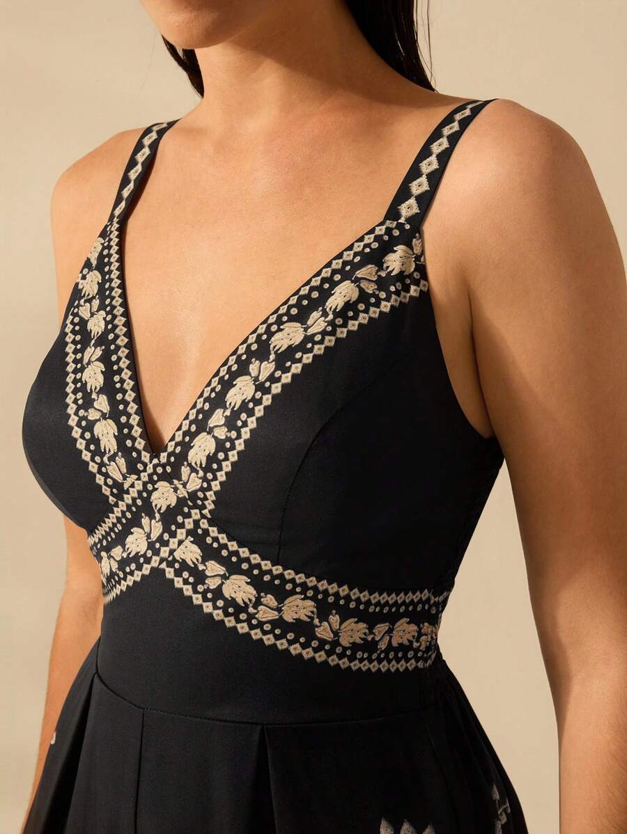 Mono Largo Negro Boho con Árbol de Banana y Coco Tropical