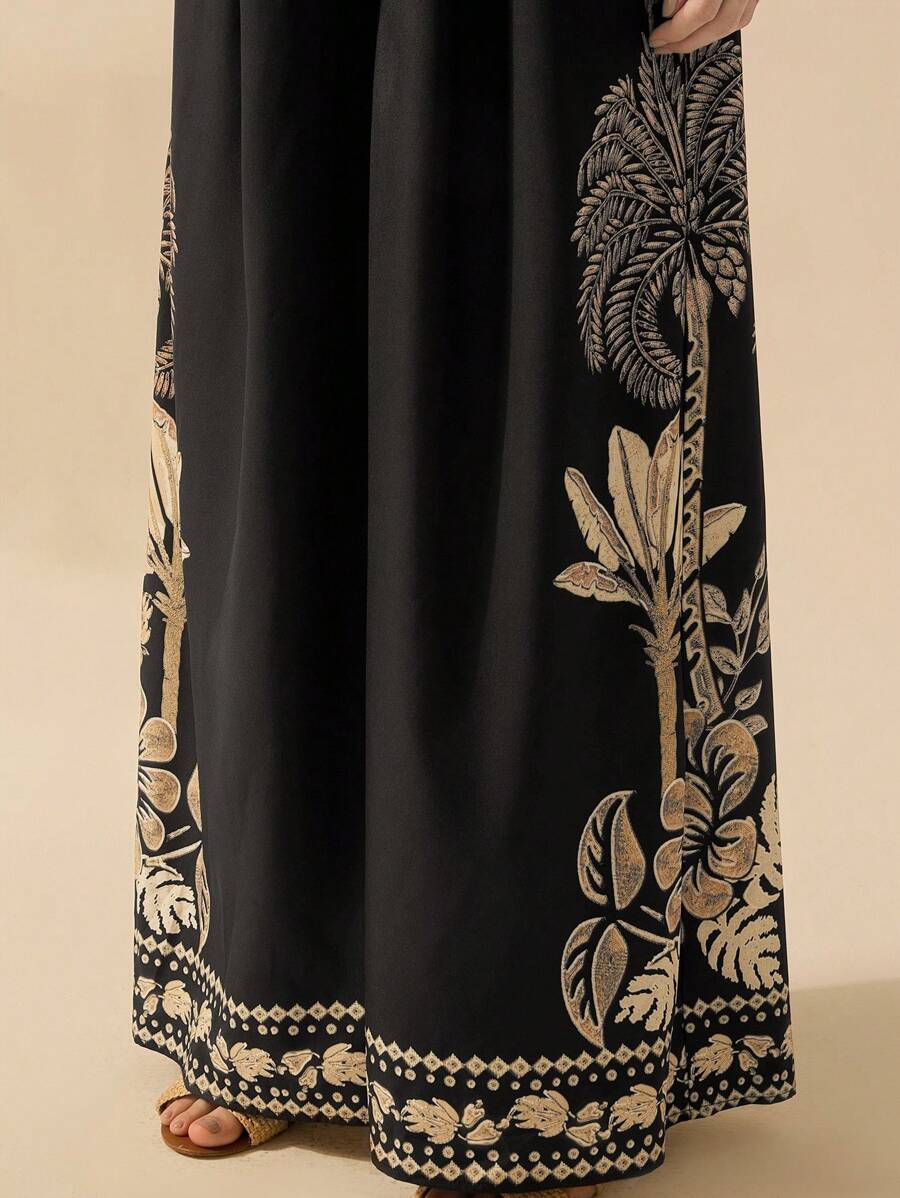 Mono Largo Negro Boho con Árbol de Banana y Coco Tropical