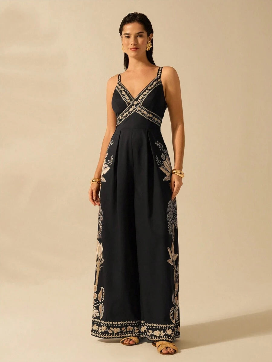 Mono Largo Negro Boho con Árbol de Banana y Coco Tropical
