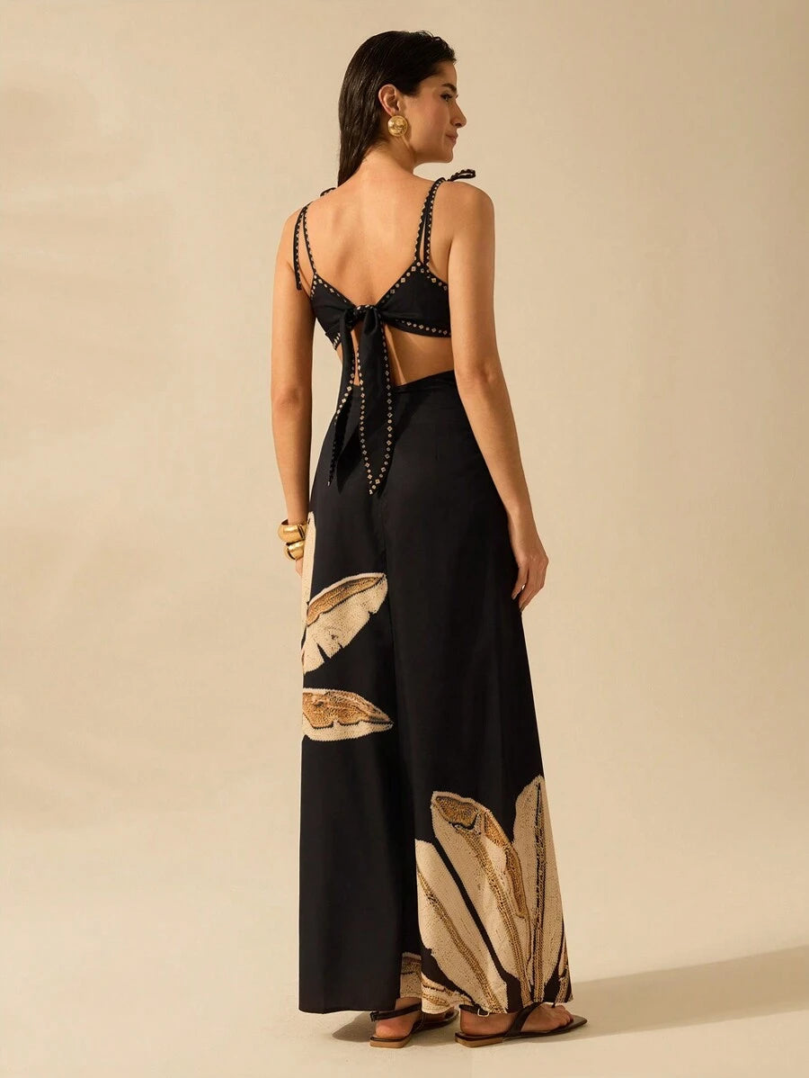 Vestido Negro Boho Árbol de Banana con Lazo en la Cintura