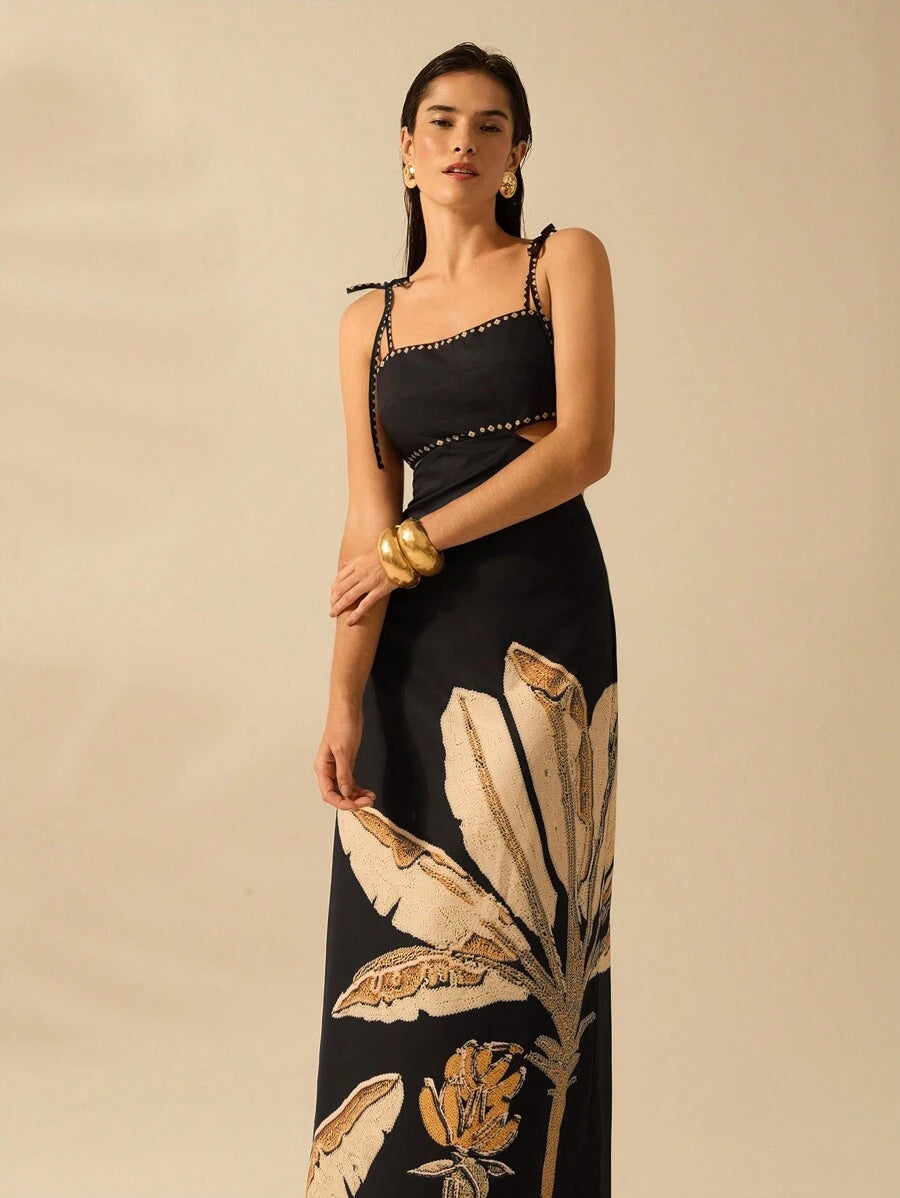 Vestido Negro Boho Árbol de Banana con Lazo en la Cintura