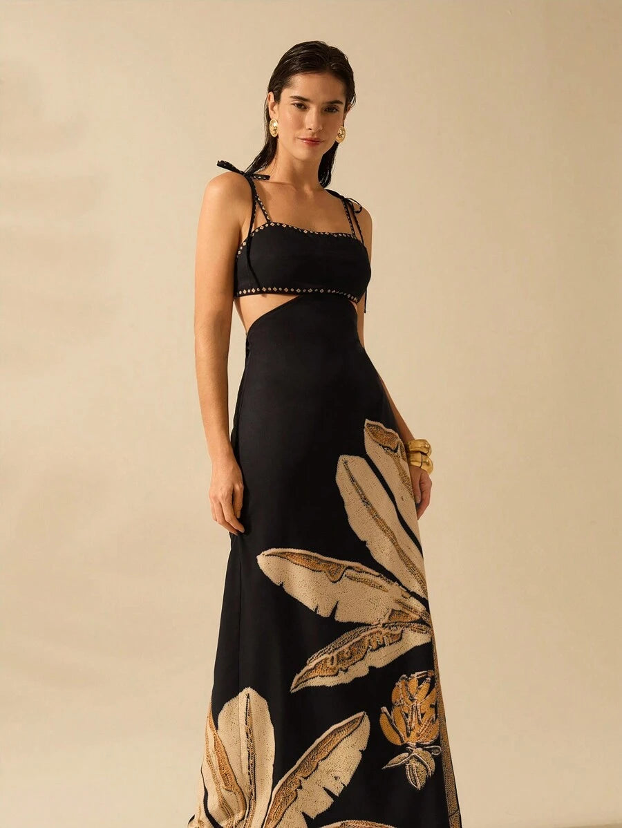 Vestido Negro Boho Árbol de Banana con Lazo en la Cintura