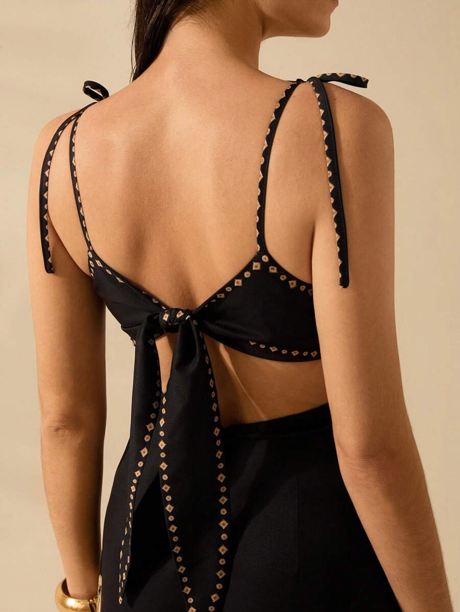 Vestido Negro Boho Árbol de Banana con Lazo en la Cintura