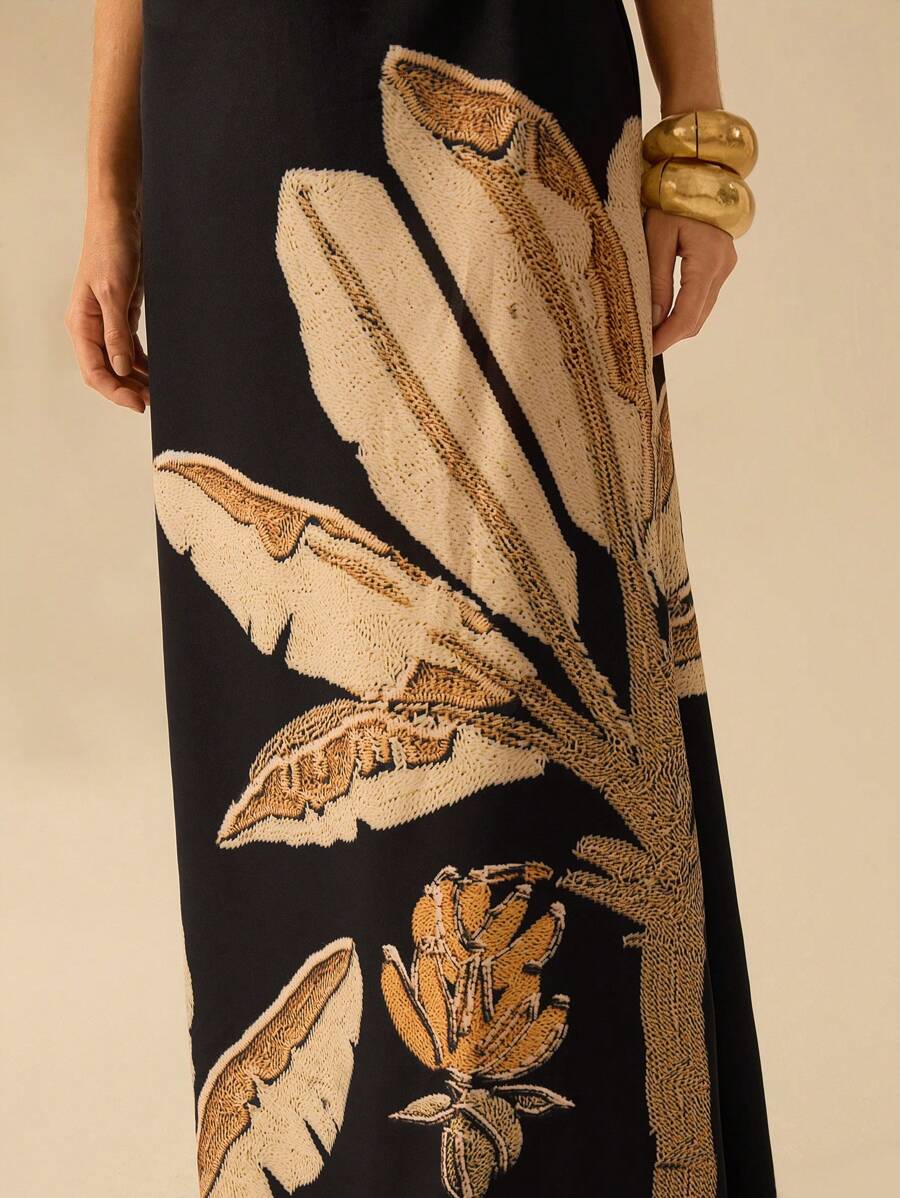 Vestido Negro Boho Árbol de Banana con Lazo en la Cintura