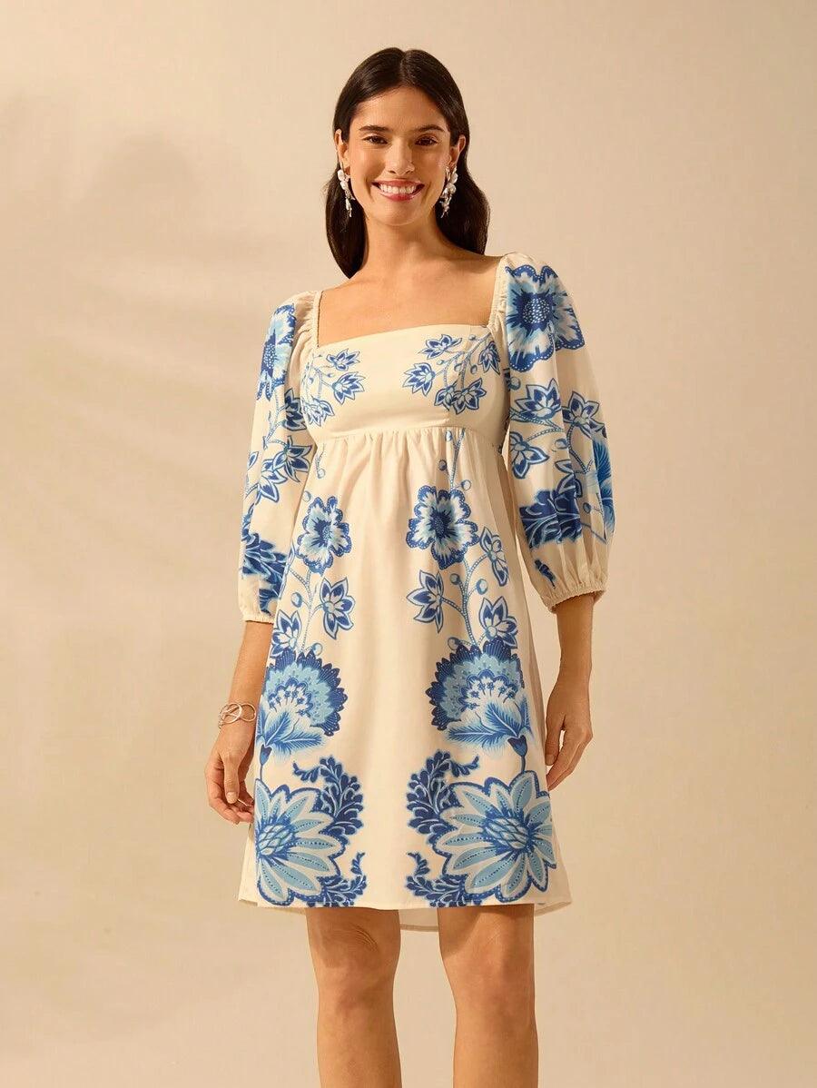 Vestido Mini Boho con Mangas Globo y Estampa Tropical de Plantas