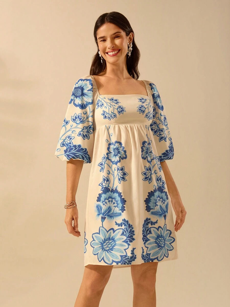 Vestido Mini Boho con Mangas Globo y Estampa Tropical de Plantas